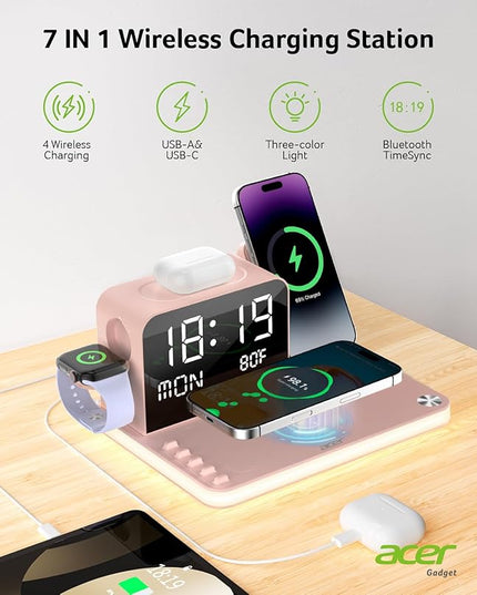 Acer 7-in-1 Wireless Charging Station with LED Clock - 30W Fast Wireless Charger for iPhone 16/15/14/13/12/Pro Max, Apple Watch, AirPods - Bluetooth Auto Time Sync & Night Lights (Pink)