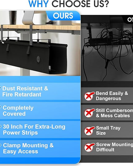 Under Desk Cable Management Tray, 40-inch No-Drill Cord Organizer with Anti-Sag Reinforced Base, Fabric Wire Management Hider for Standing Desk, Office & Gaming Accessories - Black