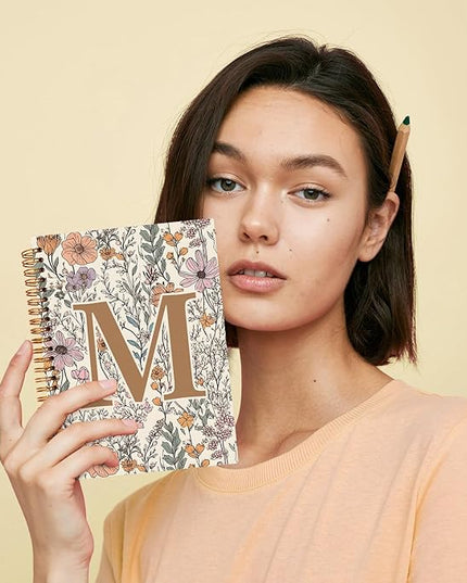 JXREQ Vintage Boho Floral Personalized Notebook, Initial Letter M Notebook Journal, Monogram Notebook, Monogrammed Gifts for Women, Boho Office Supplies, Flower Spiral Notebook 5.5x8.3