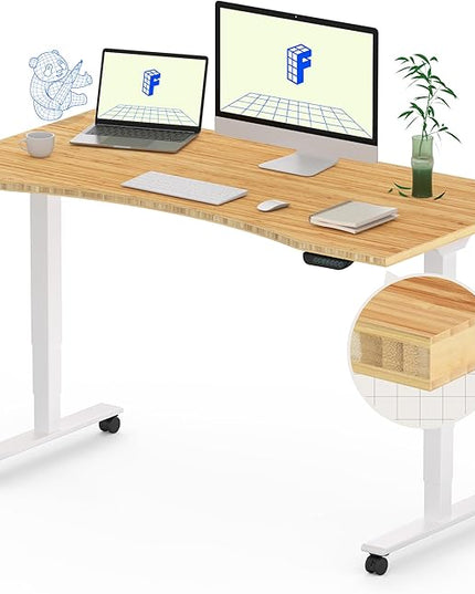 FLEXISPOT E6 MAX Bamboo Dual Motor 48x24 Inch 3-Stage Heavy Duty Standing Desk, 330lbs Weight Capacity, Height Adjustable Desk w/Cable Management & Wheels (Solid Bamboo Curved Desktop + White Frame)