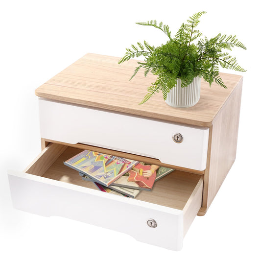 Wooden Desktop Storage Box with Lockable Drawers,2 Drawer Desktop Organizer Cabinet,Flat File Cabinet,Countertop Storage Cabinet for Office Home Toiletries Supplies Vanity (Natural wood,white 2 locks)