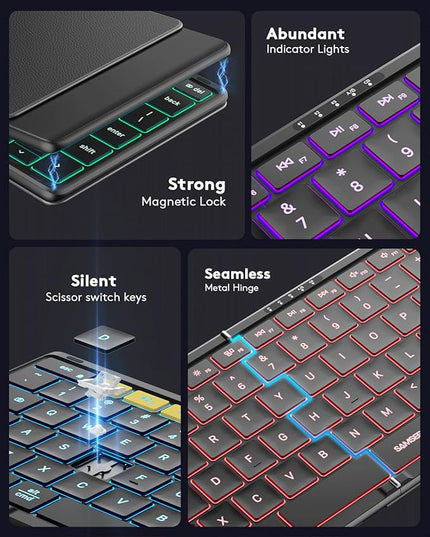 Samsers Full-Size Foldable Bluetooth Keyboard, KF08X Wireless Folding Keyboard with Backlight, Portable Travel Keyboards for iPhone iPad Smartphone Tablet Laptop, Android Windows Mac OS - Black