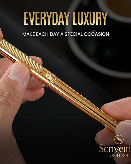 Scriveiner Luxury Fountain Pen - Stunning Gold Luxury Pen, Real Gold Finsih, Schmidt Gilded Nib (Medium), Converter, Best Pen Gift Set for Men & Women, Professional, Executive, Office, Nice Pens