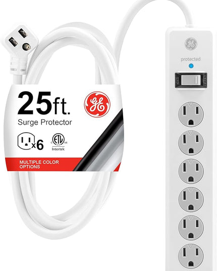 GE Surge Protector Power Strip, 25 Ft Extension Cord, 6 Outlet Extender, 800 Joules, Flat Plug, Twist-to-Close Safety Covers, ETL Listed, White, 61291