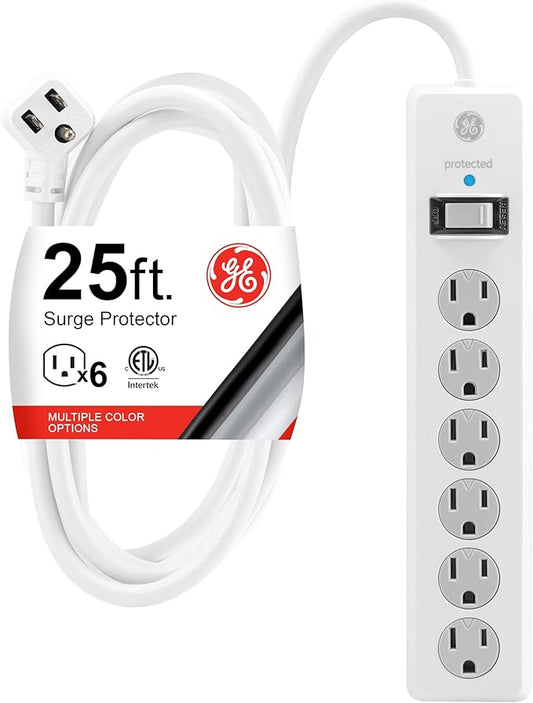 GE Surge Protector Power Strip, 25 Ft Extension Cord, 6 Outlet Extender, 800 Joules, Flat Plug, Twist-to-Close Safety Covers, ETL Listed, White, 61291