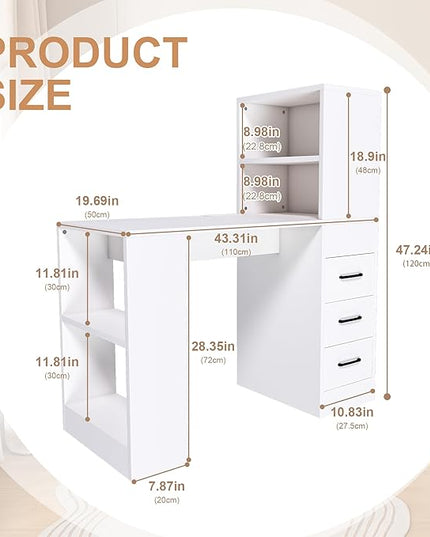 KEIKI L Shaped Desk with Drawers and Hutch, Corner Office Desk with Storage, Computer Desk with 4-in-1 Socket, 3 Drawers & 4 Shelves, White