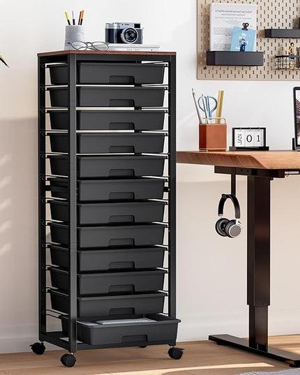 Rolling Cart with Drawers,12 Drawer Rolling Cart,Rolling storage cart with drawers,Black Rolling Drawer Cart,Teacher Rolling Cart for Classroom Storage,Craft Cart with Wooden Tabletop