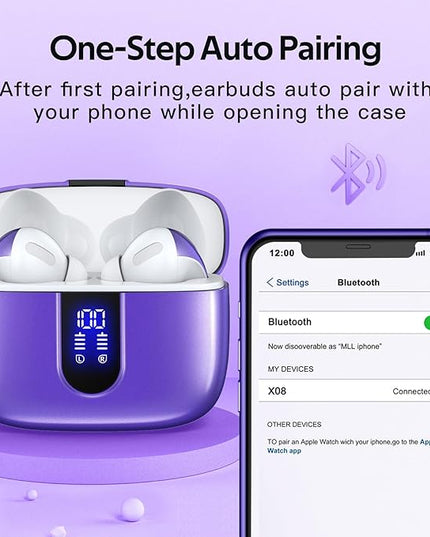 TAGRY 2 Sets X08 Purple and Phantom Purple Bluetooth Headphones True Wireless Earbuds 60H Playback Ear Buds with Wireless Charging Case in-Ear Earbuds with Mic
