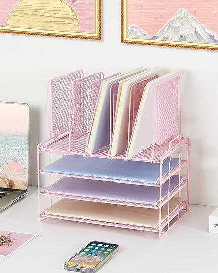LEKETREE Desk Organizers and Accessories, 3-Tier Paper Organizer with 5 Vertical File Holders, File Organizer for Desk (Pink, 3T)