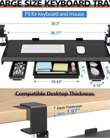 Large Height Adjustable Keyboard Tray with Sturdy C-Clamp Mount and Storage Drawer, 27"(31" Including Clamps) x 12" Slide Out Ergonomic Keyboard Trays for Home and Office, Black