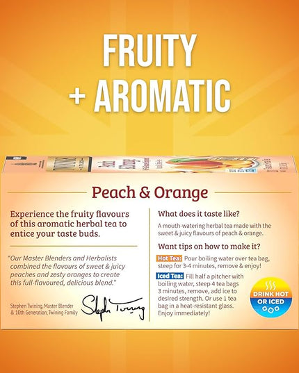 Twinings Peach & Orange Herbal Tea Individually Wrapped Bags, 20 Count (Pack of 6), Juicy & Fruity, Naturally Caffeine-Free, Enjoy Hot or Iced, 120 Teabags