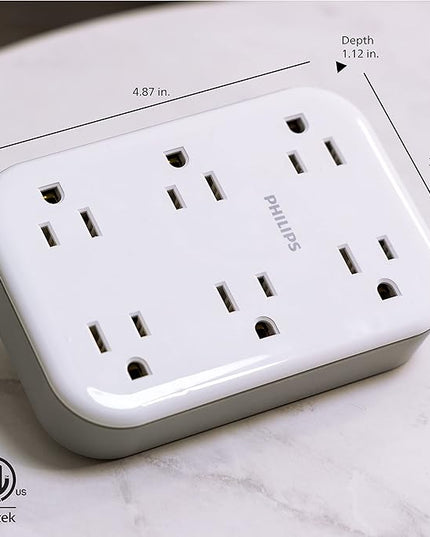 Philips EZFit 6-Outlet Surge Protector Outlet Extender, Wall Tap, Grounded Widely Spaced Outlets, 900 Joules, for Home Office Dorm Essentials, White, SPP6602W/37
