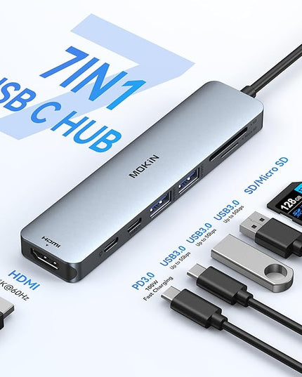 USB C Hub HDMI Adapter for MacBook Pro/Air, MOKiN 7 in 1 USB C Dongle with HDMI, SD/TF Card Reader, USB C Data Port,100W PD, and 2 USB 3.0 Compatible for MacBook Pro/Air, Dell XPS, Lenovo Thinkpad.