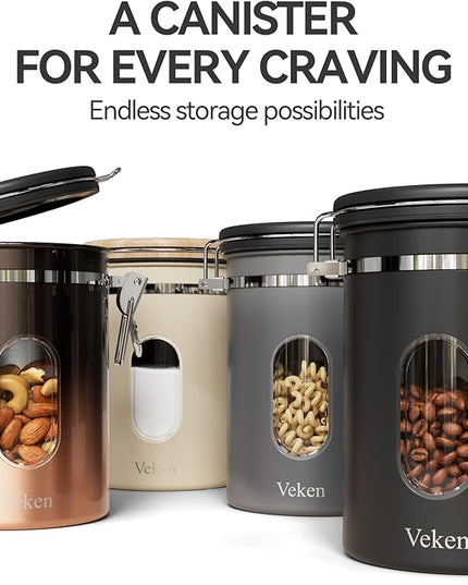 Veken Coffee Sugar Canister with Window, Coffee Lover Gift Set,Airtight Stainless Steel Kitchen Food Storage Container Gifts, Date Tracker & Scoop for Grounds Coffee,Beans,Tea,Flour,Cereal,22OZ,Cream