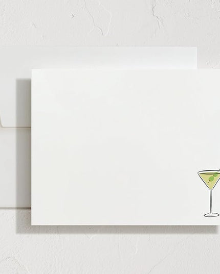 Minted Martini Stationery Set, Set of 10, Flat Note Cards & Envelopes for Invitiations and Handwritten Thank You Messages, Martini Design & Green Checkerboard Back, Gifts for Women, Luxurious Paper