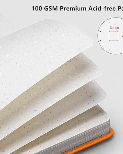 RETTACY Bullet Dotted Journal Notebook, 192 Pages, A5 Medium Size (5.7'' x 8.3''), Leather Hardcover, 100 GSM Thick Paper, for Bullet Journaling, Planning, Tracking (Orange)