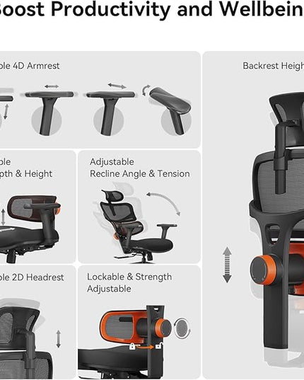 Newtral Office Chair Ergonomic - Home Office Desk Chair, Big and Tall Office Chair, Auto-Following Lumbar Support for Back Pain, Adjustable Seat Depth and Height (No Footrest, Black)