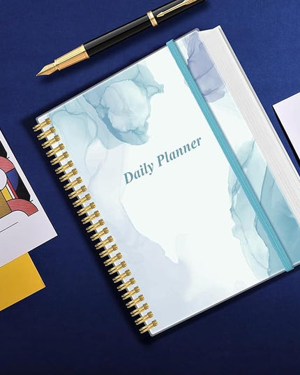 Daily Planner Undated - 8.5" x 11" To Do List Notebook Hourly Schedules, 150 Sheets/300 Pages Spiral Appointment Planner for Women and Men ,PVC Hardcover, Inner Pocket, Elastic Closure, Blue