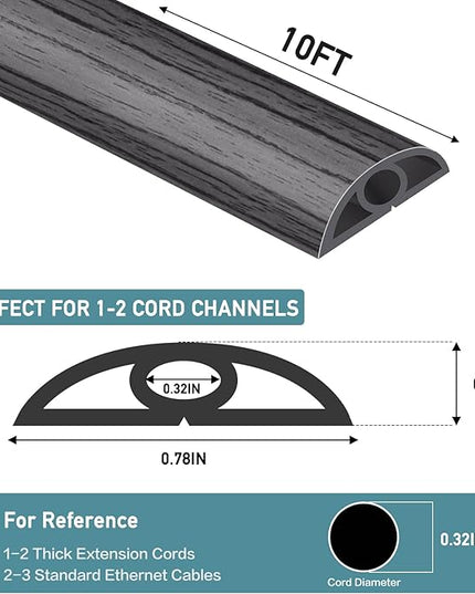 Floor Cord Cover Self Adhesive Cord Hider Floor Extension Cord Covers for Floor Power Cord Protector Cable Management Prevent Cable Trips Cable Cavity 0.32" W x 0.32" H (Deep Grey Wood, 10Ft)