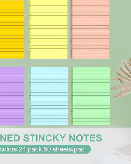 24 Pack Lined Sticky Notes 4X6 in Self Sticky Note Pads Colorful Post Stickies for Office, Home, School, Meeting, 50 Sheets/pad, (Light Color)
