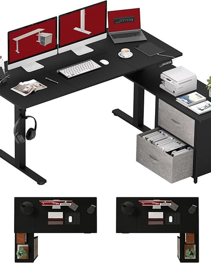 SANODESK 63'' L Shaped Standing Desk with 2-Drawer File Cabinet, Electric Height Adjustable Stand up Desk w/USB Charge Ports, Home Office Modern Wood Computer Desk with Shelves,Black Frame/Black Top
