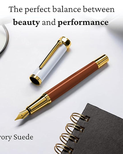 Ellington Pens Luxury Fountain Pen Set - Extra Fine Nib - Includes 3 Ink Cartridges, Refillable Ink Converter, Gift Box - Fountain Pens For Writing, Calligraphy, Journaling, Sketching (Ivory Suede)