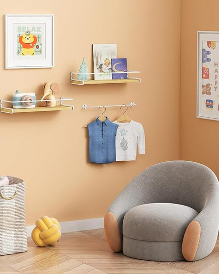 Forbena Floating Shelves for Wall with Rail, White and Natural Wood Nursery Book Shelves for Baby Girls Boys Kids Room Bedroom, Hanging Bookshelves Wall Mounted for Books, Toys, Bathroom (Set of 2)