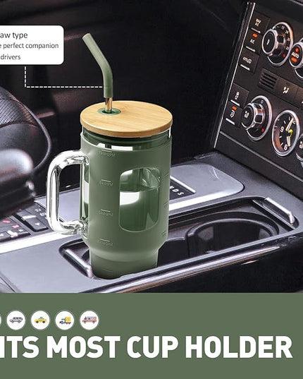 Glass Tumbler with Straw and Lid, 40 oz glass cup with handle, Glass Water Bottles with Time Marker, Silicone Protective Sleeve-Olive
