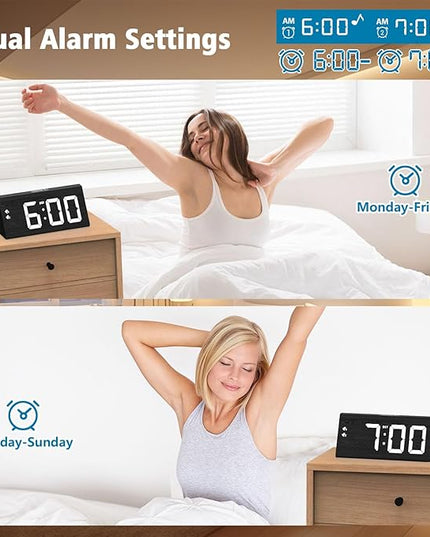 fomobest Wooden Digital Alarm Clock with Dual USB Charging Ports, DST, Dimmable, Snooze, Modern Large Time Display LED Clock for Kids Bedrooms, Living Room, Desk, Table, Bedside, Nightstand (Black)