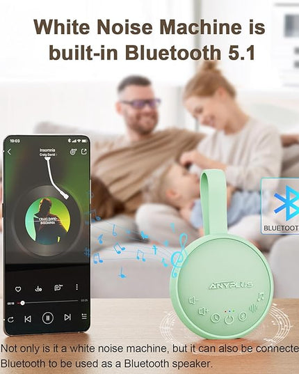 White Noise Sound Machine for Sleeping Adults & Baby, Portable Noise Machine with 24 Soothing Sounds, Bluetooth 5.1, Battery Powered, 3 Timer Settings, Memory Function for Home, Office, Travel (Green)