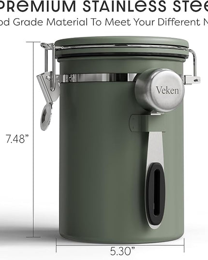 Veken Coffee Canister with Window, Airtight Stainless Steel Kitchen Food Storage Container with Lids, Date Tracker and Scoop for Grounds Coffee, Beans, Tea, Flour, Cereal, Sugar Jars, 22OZ, Green