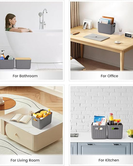 4 Packs Storage Bins with Bamboo Lids - Plastic Storage Containers with Lids Stackable Storage Box：Storage Baskets for Organizing Desktop Closet Playroom Classroom Office,Gray