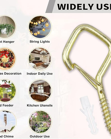 100 PCS Gold Eye Screw Hooks for Hanging Heavy Duty with Safety Buckle.Metal Ceiling Hooks for Hanging Plants Cup Wind Chime Bird Feeders Patio Lights at Indoor&Outdoor