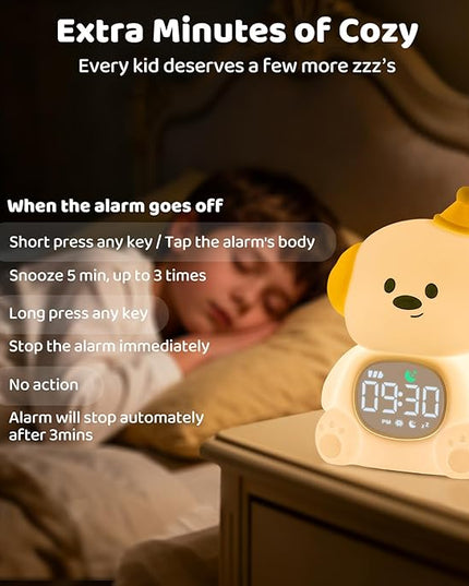 Dog Alarm Clock with Night Light for Kids with Sleep Training and Sound Machine, Rechargeable Silicone Lamp OK to Wake Clock，Cute Animal Tabletop Lamp, Perfect Sleep Companion for Boys Girls