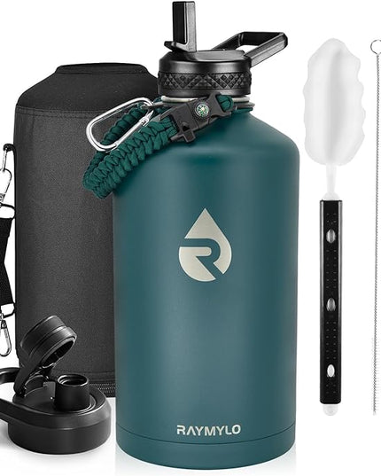 One Gallon Water Bottle Insulated, Triple Walled Vacuum Stainless Steel (Cold for 48 Hrs), Leak Proof & Non-BPA, Large Water Flask Jug with Paracord Handle & Straw Spout Lids