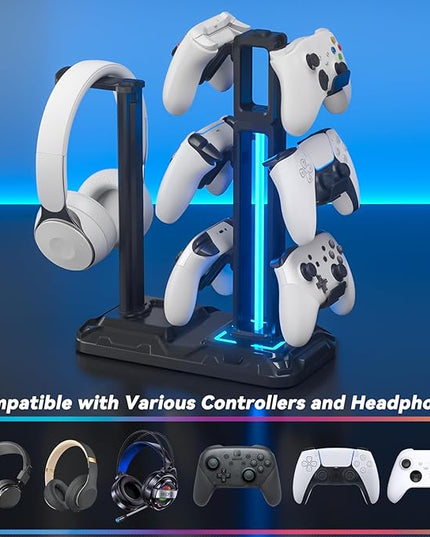 KDD RGB Multi-Controller Holder with 9 Light Modes - Rotatable Universal Headphone Hanger - Controller Stand with 6 Detachable Hooks for Desktop Gamer Accessories