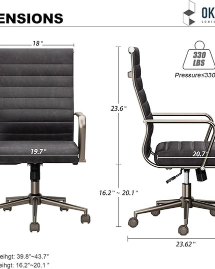 Okeysen Leather Office Desk Chair, Ergonomic Mid Century Modern Conference Room Chairs, Executive Ribbed Height Adjustable Swivel Rolling Chair for Home Office.