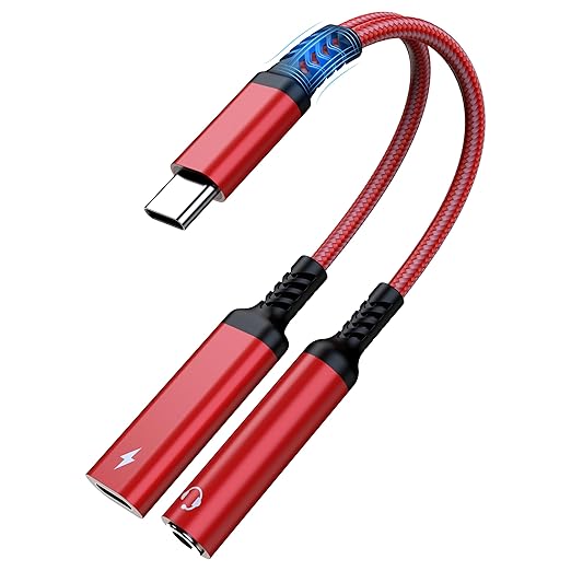 Marsno USB C to 3.5mm Headphone and Charger Adapter, 2-in-1 USB Type C to Aux Audio Jack Splitter, PD 60W Fast Charging Dongle for iPhone 17/16/15, Galaxy S25/S24/S23, iPad Pro, Pixel (Red)