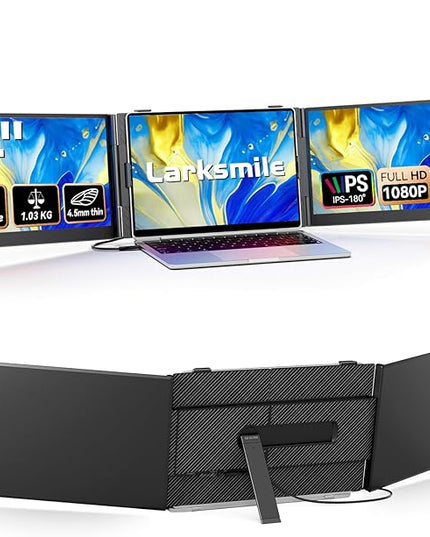 Larksmile Triple Screen Laptop Monitor Extender, One Cable Setup 14-inch IPS Triple Monitor, FHD 1080P Extra Multi-Screen Attachment, Portable Travel External Display for Laptop Mac Windows