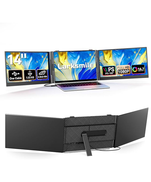 Larksmile Triple Screen Laptop Monitor Extender, One Cable Setup 14-inch IPS Triple Monitor, FHD 1080P Extra Multi-Screen Attachment, Portable Travel External Display for Laptop Mac Windows