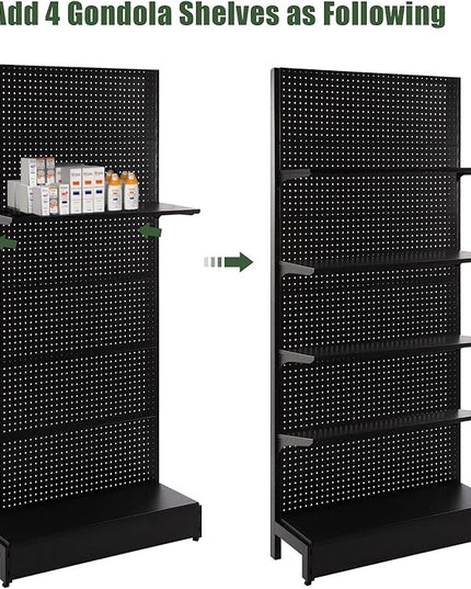 Eastern Tree 4 Packs Gondola Shelves 35 1/4”L x 11 1/2”W for Industrial Grade Black Pegboard Display Stand, 4 Shelves for Gondola Units with 8 Pieces Supply Arms