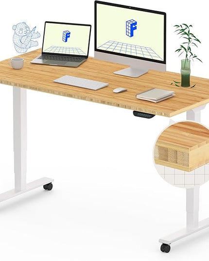 FLEXISPOT E6 MAX Bamboo Dual Motor 48x24 Inch 3-Stage Heavy Duty Standing Desk, 330lbs Weight Capacity, Height Adjustable Desk w/Cable Management & Wheels (Solid Bamboo Desktop + White Frame)