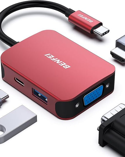 BENFEI USB C HUB 4-in-1, USB Type-C to HDMI VGA Adapter, USB C to USB Adapter, USB Type-C Power Delivery, Compatible with iPhone 15 Pro/Max, MacBook Pro/Air 2023, iPad Pro, iMac, S23, XPS 17