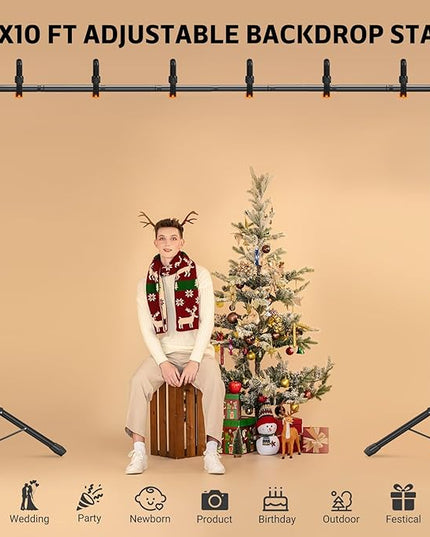 3-in-1 Backdrop Stand Kit 10x8.5 ft for Photography Studio, T-Shape Backdrop Stand for Wedding Parties, Background Stand for Photo Video Studio with Carring Bag, 6 Clamps, 2 Sandbags