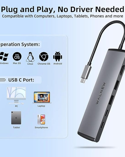 USB C Hub, WALNEW 7 in 1 USB-C Docking Station with 4K HDMI,100W PD, 3 5Gbps Data Ports(1 USBC & 2 USB 3.0),TF/SD Card Reader, USB Hub for Laptop, MacBook Pro/Air/Mac/Dell/HP/ASUS/Acer/Steam Deck
