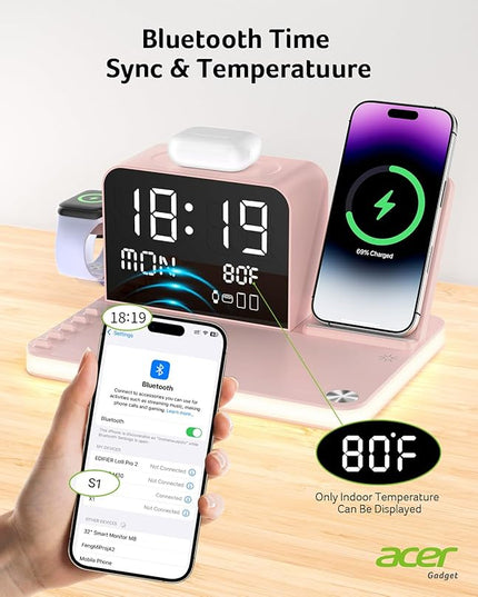 Acer 7-in-1 Wireless Charging Station with LED Clock - 30W Fast Wireless Charger for iPhone 16/15/14/13/12/Pro Max, Apple Watch, AirPods - Bluetooth Auto Time Sync & Night Lights (Pink)