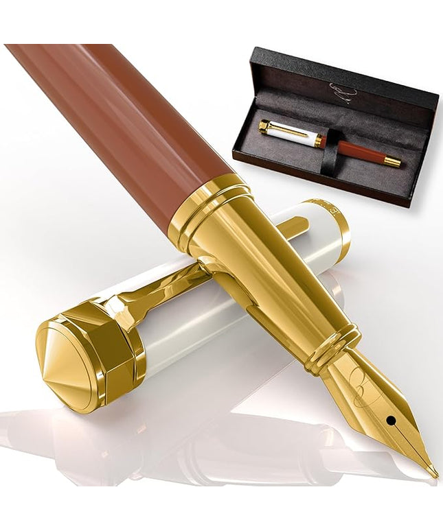 Ellington Pens Luxury Fountain Pen Set - Smooth Medium Nib - Includes 3 Ink Cartridges, Refillable Ink Converter, Gift Box - Fountain Pens For Writing, Calligraphy, Journaling, Sketching (Ivory Suede)