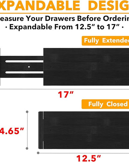SpaceAid Bamboo 4 Pack Dresser Drawer Dividers, 4.65“ High Adjustable 12.5“-17” Drawer Organizers, Expandable Organization for Clothing, Clothes, Dressers, Black