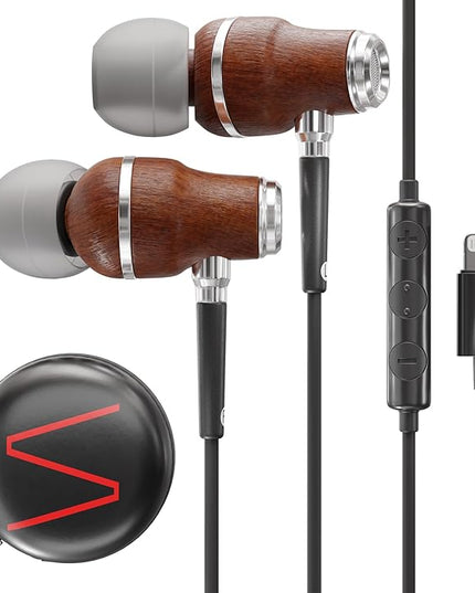 Symphonized iPhone Earphones Wired Deep Bass Sound, 3D Sound, Microphone Volume Control, 90% Noise Cancelling, Bubinga Wooden with Lightning (Apple MFI Certified), iPhone SE to 14 Earbuds (Black)