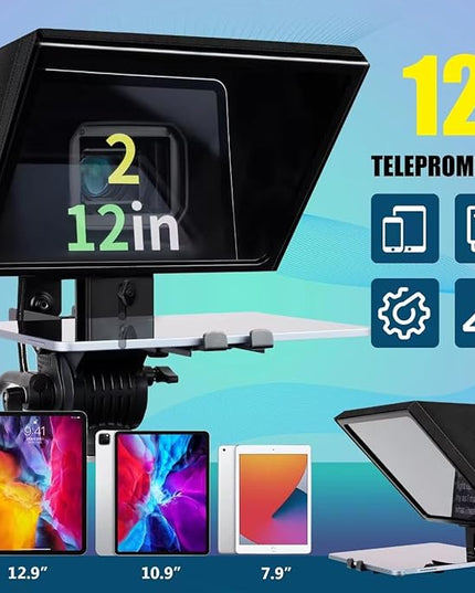 12" Professional Teleprompter Featuring Tempered Optical Glass, Durable All-Metal Build, Remote Control, and Dedicated App — Compatible with Various Smartphones, Tablets, and Cameras